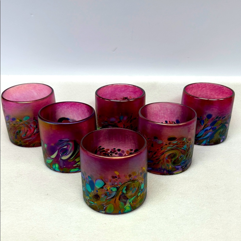 Studio art glass artist signed  pink iridescent set of 6 lowball glasses